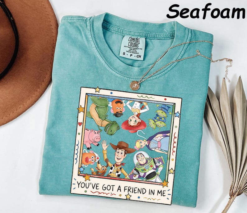 May include: A seafoam green t-shirt featuring a graphic print of various animated characters inside a square frame. The text "YOU'VE GOT A FRIEND IN ME" is printed below the frame. The shirt has a crew neckline and a Comfort Colors brand label.