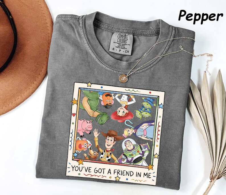 May include: A pepper-colored short-sleeve t-shirt featuring a graphic print of Toy Story characters inside a square frame. The design includes Woody, Buzz Lightyear, Jessie, and others with the text "YOU'VE GOT A FRIEND IN ME" at the bottom.