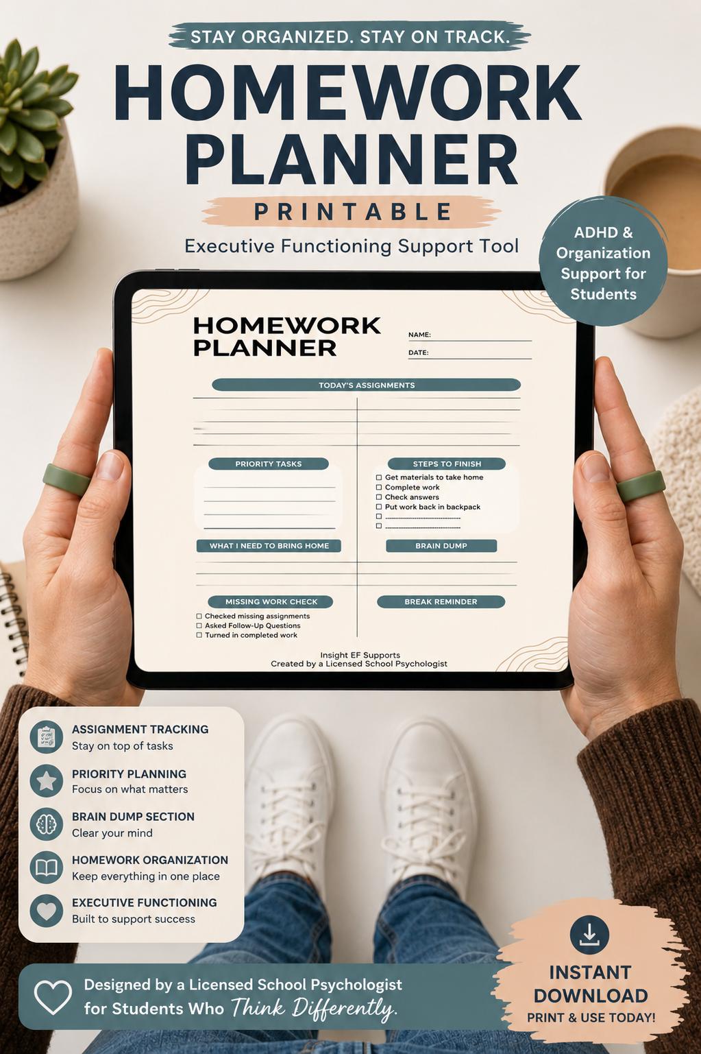 ADHD Homework Planner Printable for Students | Executive Functioning ...