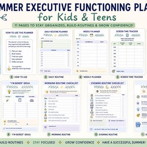Puede incluir: Un planificador de verano para niños y adolescentes, con 11 páginas para mantenerse organizado, construir rutinas y aumentar la confianza. Incluye secciones para rutinas diarias, planificación semanal, seguimiento del tiempo de pantalla y seguimiento de recompensas. La portada dice "My Summer Success Planner."