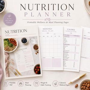 May include: A nutrition planner set featuring printable wellness and meal planning pages. The documents include a monthly meal plan, a calorie reference guide, and a monthly weight tracker. The pages are white with purple text and headers.