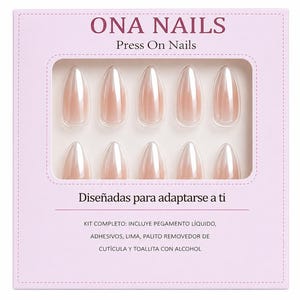 Puede incluir: Un paquete de uñas postizas ONA NAILS. El paquete es de color rosa claro con las palabras "ONA NAILS Press On Nails" en una fuente rosa oscuro. Contiene 10 uñas nacaradas en forma de almendra. También se ve el texto "Diseñadas para adaptarse a ti".