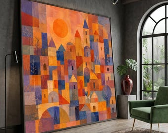 Abstract Geometric Cityscape Canvas Wall Art, Modern Architecture Home Decor, Sunset Color Palette, Urban Landscape Painting, Ready to Hang