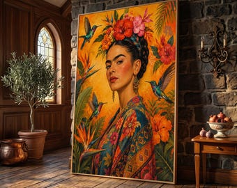 Frida Kahlo Inspired Portrait Canvas Wall Art, Vibrant Mexican Floral Theme, Bold Feminine Decorative Painting, Ethnic Boho Home Decor