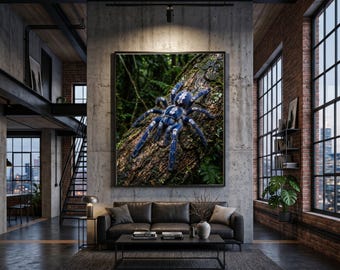 Vibrant Blue Tarantula on Forest Tree Canvas, Exotic Spider Close-Up Wall Art, Nature Wildlife Decor, Unique Animal Canvas Print