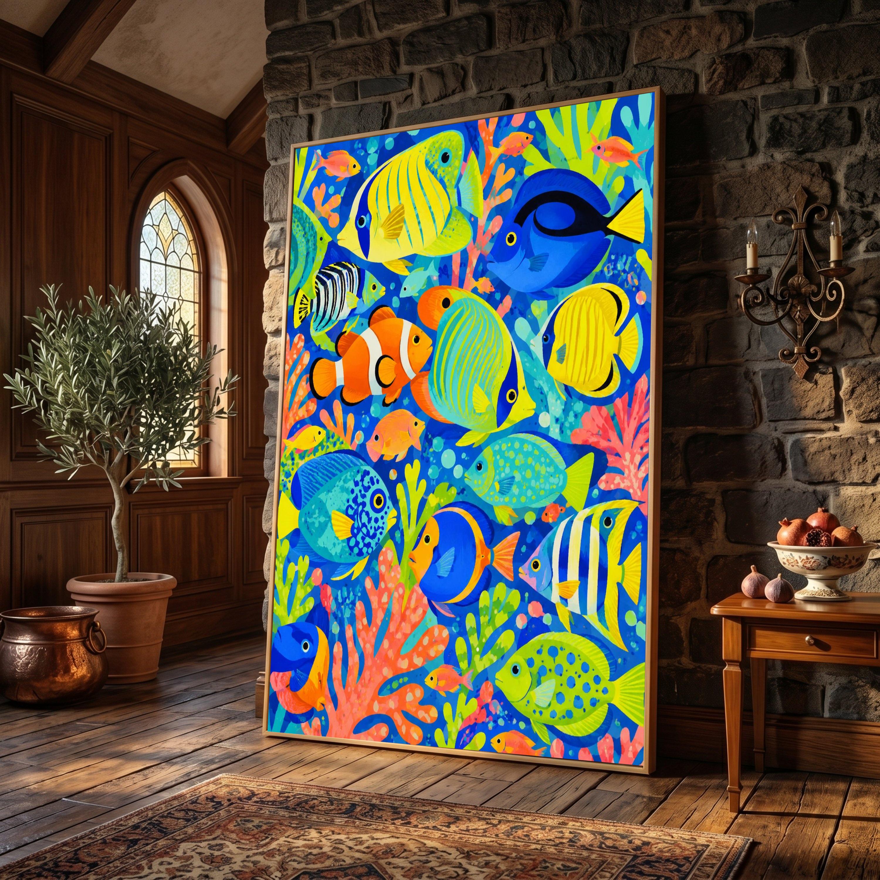 Colorful Tropical Fish Canvas Wall Art, Vibrant Underwater Coral Reef Scene, Marine Life Decor for Coastal and Beach Homes, Ready to Hang