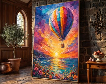 Colorful Hot Air Balloon at Sunset Canvas, Vibrant Sky Landscape Wall Art, Floral Sunset Scene, Nature Inspired Home Decoration