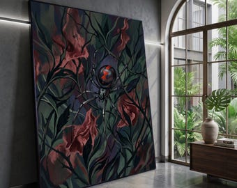 Black Widow Spider Canvas Wall Art, Dark Botanical Design, Moody Nature Print, Creepy Crawly Insect Canvas, Halloween Home Decoration