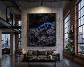 Vibrant Blue Ant Macro Canvas, Insect Wall Art, Nature Close-Up, Entomology Canvas Print, Detailed Wildlife Decoration