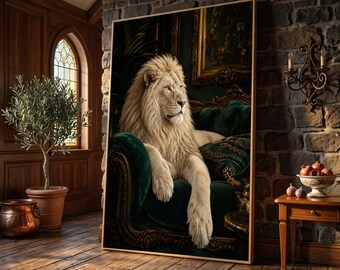 Majestic White Lion on Vintage Green Velvet Sofa, Regal Animal Portrait Canvas, Luxurious Home Wall Art, Statement Wildlife Decoration