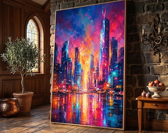 Vibrant Cityscape Canvas Wall Art, Modern Urban Skyline Painting, Colorful City Lights Reflection, Abstract Cityscape Decor, Ready to Hang