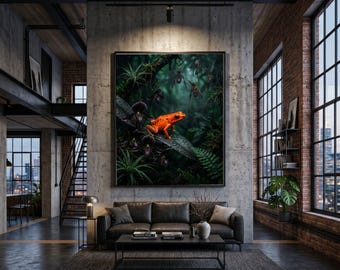 Vibrant Orange Poison Dart Frog Canvas, Tropical Rainforest Amphibian Wall Art, Exotic Wildlife Nature Canvas, Botanical Home Decor, Ready