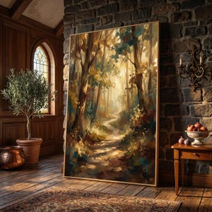 Gyllene höstskogsstig canvas, varm skogslandskapsväggkonst, naturscenmålning, rustik heminredning, lugn skogscanvas