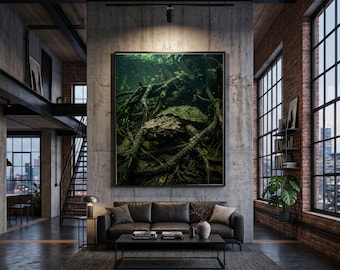 Underwater Alligator Snapping Turtle, Swamp Wildlife Canvas, Nature River Scene, Aquatic Animal Wall Art, Rustic Home Decoration