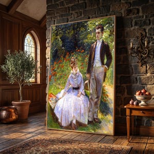 Elegante pareja victoriana en el jardín, escena romántica al aire libre en lienzo, arte de pared de estilo vintage, pintura expresionista clásica, impresión de Bracquemond