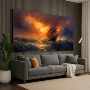 Ivan Aivazovsky geïnspireerd stormachtige zee canvas, dramatische zeilschip kunst aan de muur, oceaan zonsondergang schilderij, maritiem canvas decor, krachtige golven