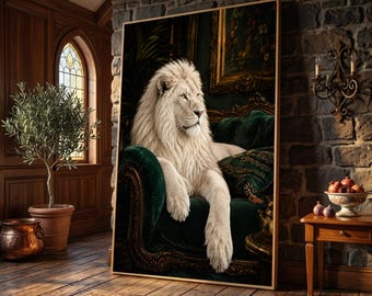 Majestic White Lion on Vintage Green Velvet Sofa Canvas, Regal Wildlife Wall Art, Elegant Animal Portrait Decor, Luxury Home Decoration