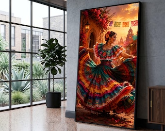 Vibrant Mexican Fiesta Dance, Traditional Dress Canvas, Colorful Folkloric Wall Art, Sunset Street Scene Canvas, Home Decor Fiesta Vibes