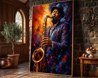 Jazz Saxophone Player Canvas Wall Art, Colorful Music Portrait Painting, Vibrant Instrument Artwork, Modern Home Decor, Ready to Hang Canvas