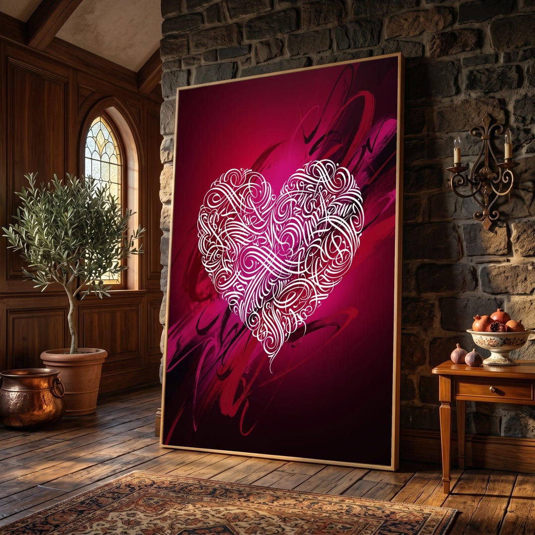 Intricate White Calligraphy Heart Canvas, Romantic Wall Art, Abstract ...