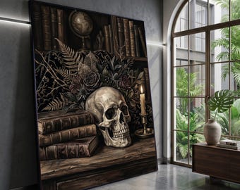 Vintage Skull and Books Canvas, Gothic Still Life Wall Art, Dark Botanical Decor, Candlelit Library Scene, Home Study Canvas Art, Ready to