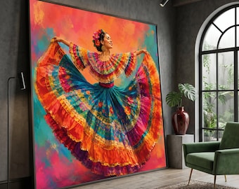 Vibrant Traditional Mexican Dress Canvas, Colorful Folklore Dancer Wall Art, Fiesta Home Decor, Cultural Canvas Painting, Ready to Hang