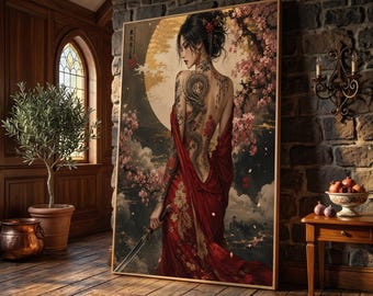 Elegant Samurai Woman with Dragon Tattoo, Red Kimono Canvas Wall Art, Japanese Sword and Cherry Blossom, Asian Culture Decor, Ready to Hang