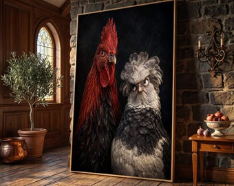 Rooster and Polish Hen Portrait Canvas, Farm Animal Wall Art, Rustic Chicken Painting, Country Kitchen Decor, Feather Detail Canvas Art