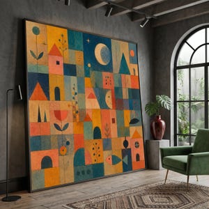 Puede incluir: Una gran pieza de arte mural cuadrada que presenta una cuadrícula de formas geométricas coloridas, incluyendo casas, una luna creciente, flores y un pez, en tonos naranja, amarillo, azul y verde azulado con un acabado texturizado.