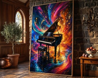 Vibrant Grand Piano Canvas, Musical Notes Wall Art, Abstract Colorful Music Decor, Modern Home Decoration, Ready to Hang Canvas