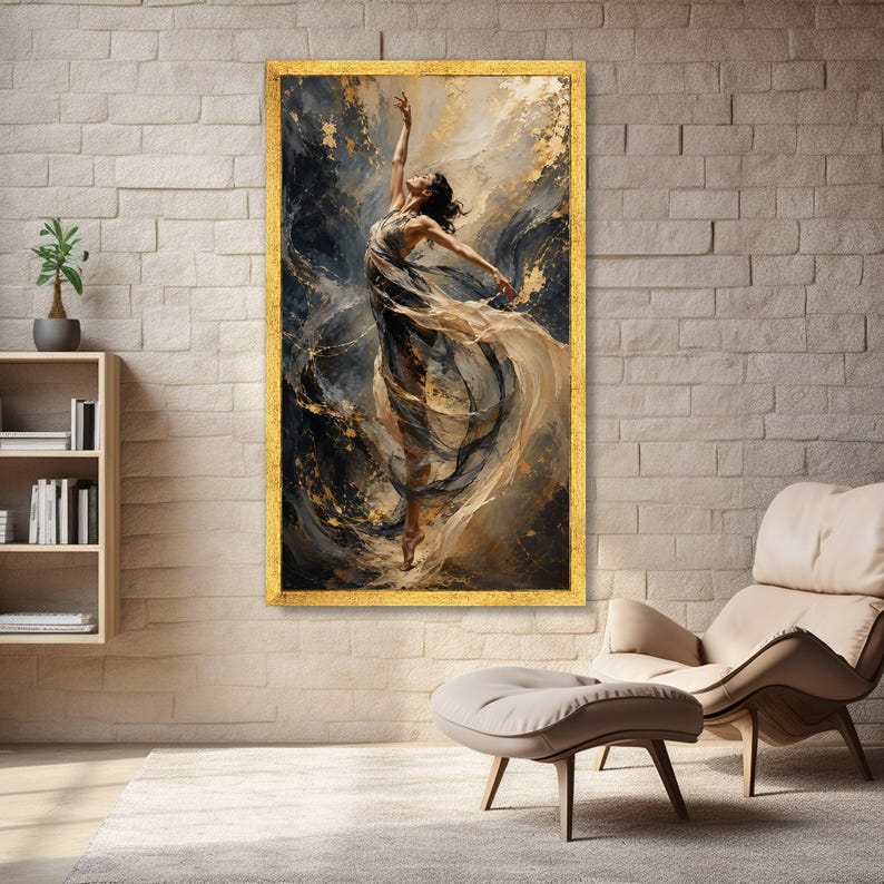 Elegant Dance Movement Canvas, Abstract Woman Art, Flowing Fabric Wall Art, Gold Accent Painting, Modern Ballet Canvas Decoration image 3
