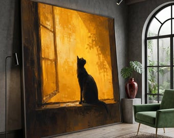 Black Cat Silhouette at Open Window Canvas, Golden Glow Wall Art, Cozy Home Decor, Cat Lover Gift, Evening Light Painting Canvas