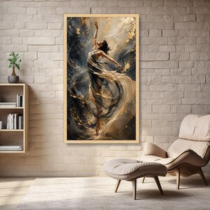 Elegant Dance Movement Canvas, Abstract Woman Art, Flowing Fabric Wall Art, Gold Accent Painting, Modern Ballet Canvas Decoration image 7