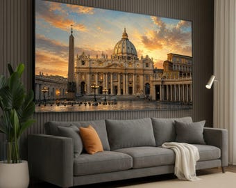 Stunning St. Peter’s Basilica at Sunset Canvas Wall Art, Vatican City Architecture, Historic Landmark Canvas, European Travel Decor, Ready
