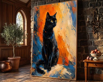 Majestic Black Cat Canvas Wall Art, Abstract Colorful Background, Modern Animal Painting, Home Decor Canvas, Ready to Hang Artwork