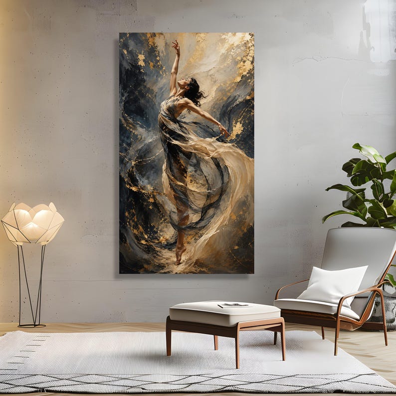 Elegant Dance Movement Canvas, Abstract Woman Art, Flowing Fabric Wall Art, Gold Accent Painting, Modern Ballet Canvas Decoration image 5