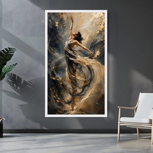 Elegant Dance Movement Canvas, Abstract Woman Art, Flowing Fabric Wall Art, Gold Accent Painting, Modern Ballet Canvas Decoration image 2