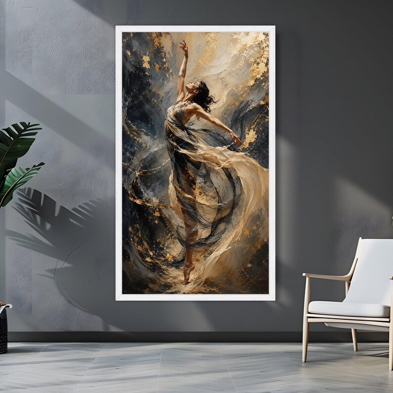 Elegant Dance Movement Canvas, Abstract Woman Art, Flowing Fabric Wall Art, Gold Accent Painting, Modern Ballet Canvas Decoration image 2