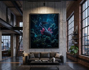 Deep Sea Axolotl Canvas Wall Art, Underwater Creature Decor, Unique Aquatic Animal Canvas, Mystical Ocean Life Artwork, Ready to Hang Wall