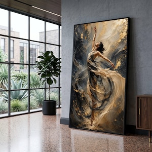 Elegant Dance Movement Canvas, Abstract Woman Art, Flowing Fabric Wall Art, Gold Accent Painting, Modern Ballet Canvas Decoration image 1