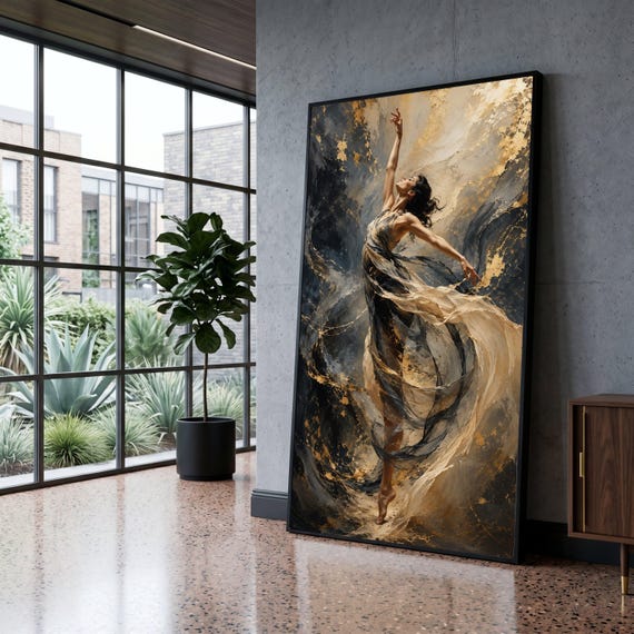 Elegant Dance Movement Canvas, Abstract Woman Art, Flowing Fabric Wall Art, Gold Accent Painting, Modern Ballet Canvas Decoration