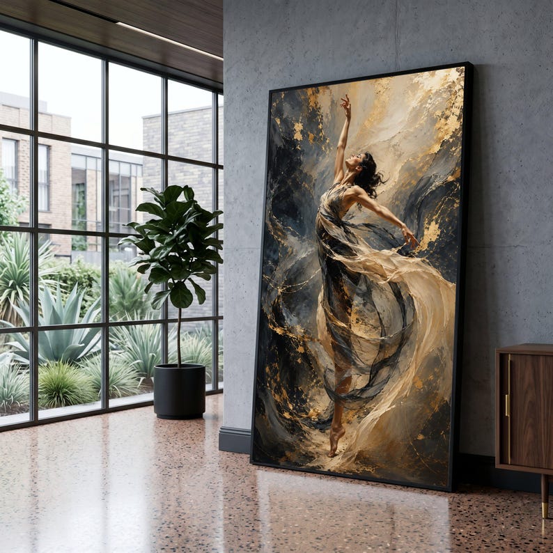 Elegant Dance Movement Canvas, Abstract Woman Art, Flowing Fabric Wall Art, Gold Accent Painting, Modern Ballet Canvas Decoration image 1