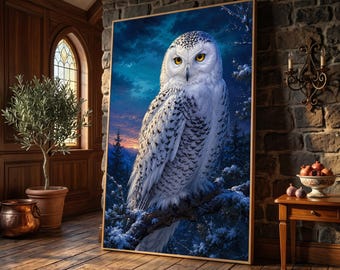 Majestic Snowy Owl Canvas Wall Art, Winter Forest Wildlife Painting, Nature Animal Home Decor, Large Bird Canvas, Ready to Hang Artwork
