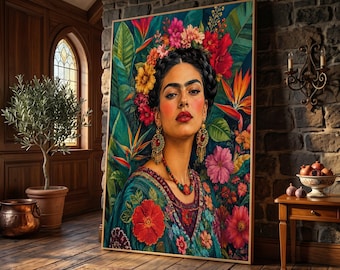 Frida Kahlo Inspired Portrait Canvas, Vibrant Floral Mexican Art, Bold Ethnic Wall Decor, Bohemian Style Canvas, Ready to Hang