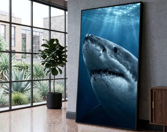 Majestic Great White Shark Canvas, Ocean Predator Wall Art, Underwater Marine Life Canvas, Blue Sea Decor, Realistic Shark Print