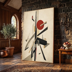 Lienzo abstracto geométrico inspirado en El Lissitzky, lámina de arte moderno suprematista, decoración constructivista para el hogar, formas rojas, negras y beige.