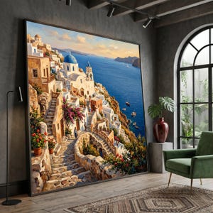 Santorini Greece Seaside View Canvas, Mediterranean Coastal Village Wall Art, Blue Dome Church Canvas, Nautical Landscape Decoration, Home