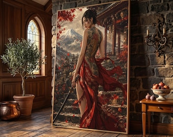 Warrior Woman with Tiger Back Tattoo, Samurai Sword Canvas, Japanese Temple Scene, Autumn Maple Leaves Wall Art, Asian Culture Canvas Decor