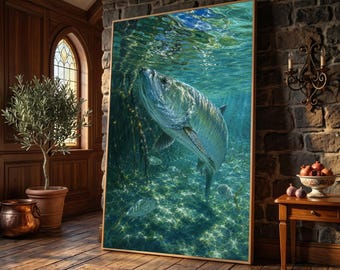 Majestic Tarpon Fish Underwater Canvas, Ocean Wildlife Wall Art, Marine Life Decor, Realistic Sea Fish Painting, Coastal Nature Canvas