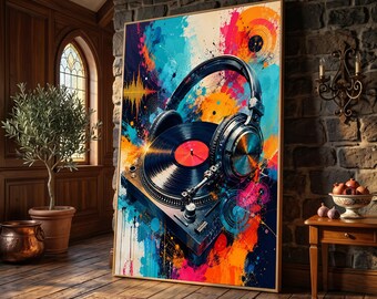 Retro Turntable and Headphones Canvas, Vibrant Music Wall Art, Abstract DJ Vinyl Record Canvas, Colorful Soundwave Home Decor, Ready to Hang